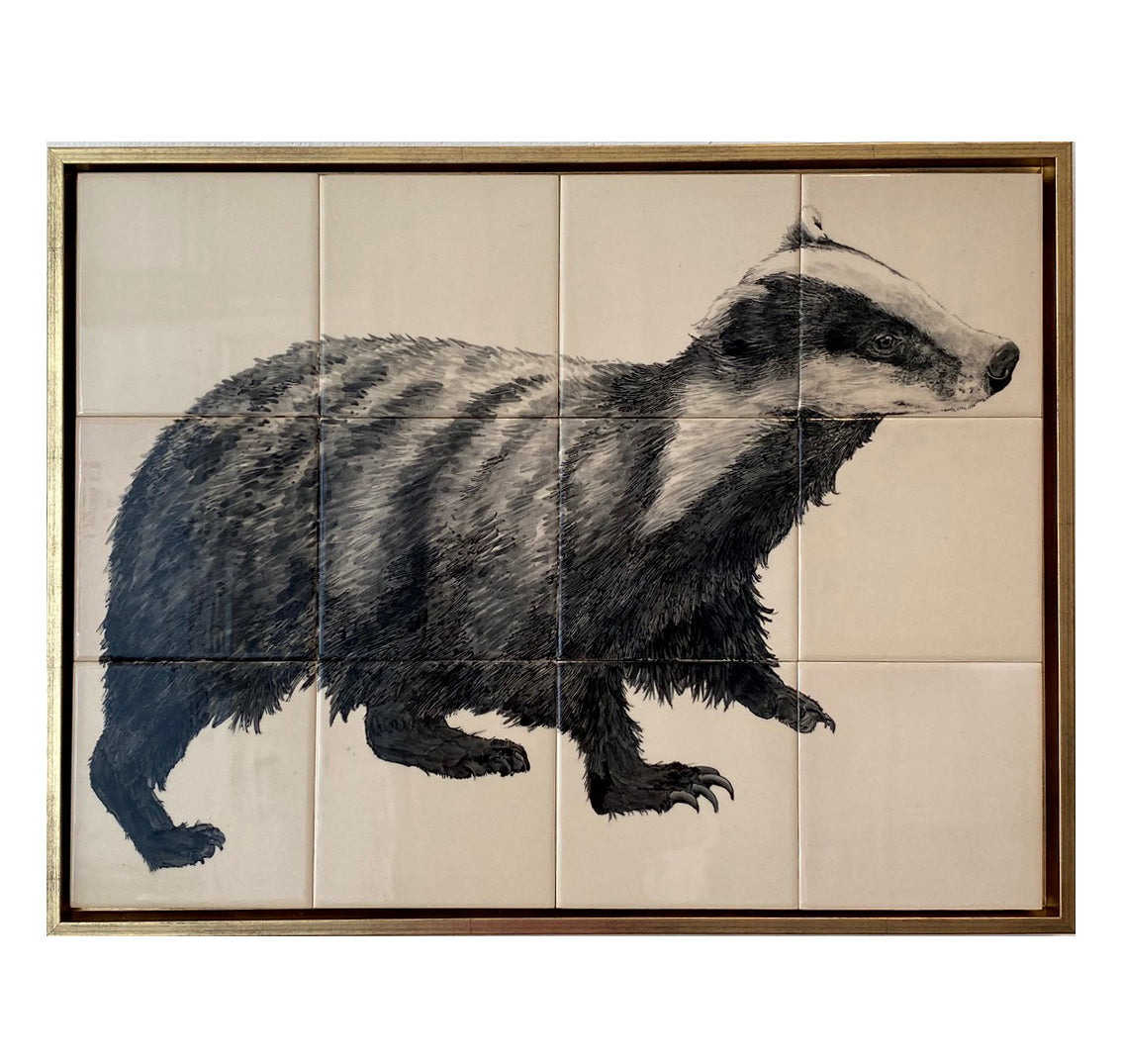 Badger - Hand Painted on Tiles, Fired and Glazed (Framed)