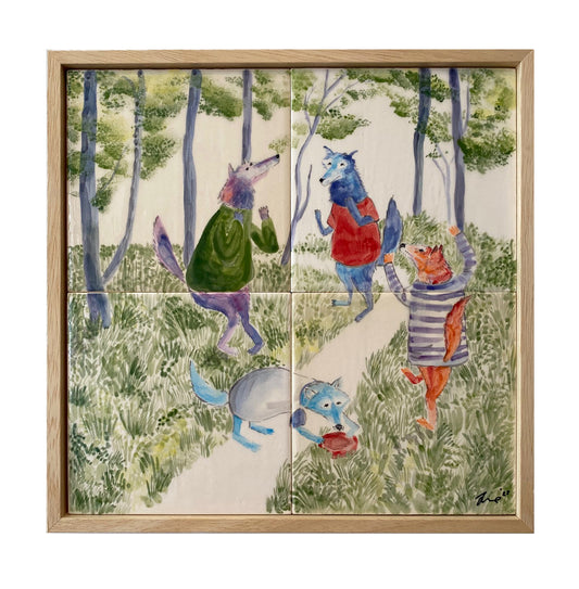 Dog Party - Original Artwork Hand Painted Tiles (Framed)